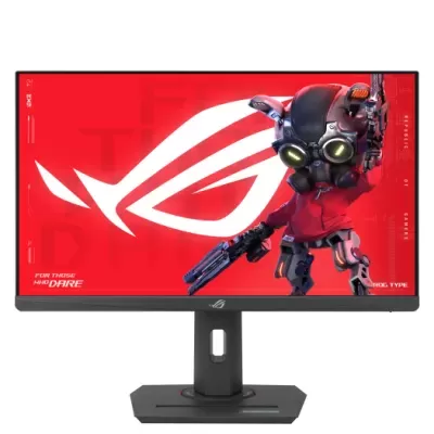 Monitor com personagem robótico no ecrã em fundo vermelho