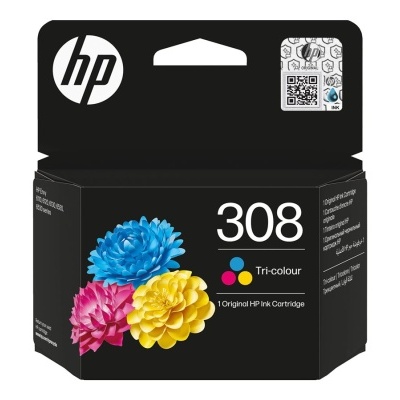 Cartucho de tinta HP 308 tri-cor em embalagem preta com flores coloridas