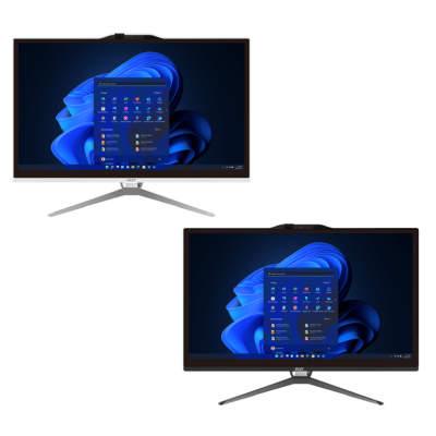 dois ecrãs de computador com Windows 11 e suporte prateado
