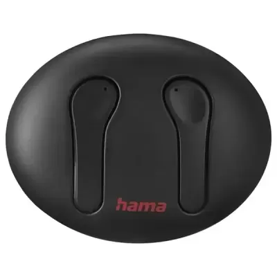 Carregador compacto preto com auriculares sem fios encaixados e logo hama vermelho