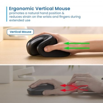 Rato ergonómico vertical preto numa mesa de madeira clara com setas a indicar posições da mão.