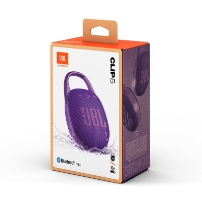 Embalagem de coluna portátil roxa JBL Clip 5 com texto e símbolos Bluetooth