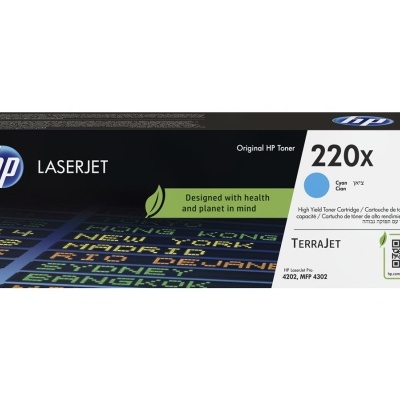 Caixa de toner HP LaserJet 220X preto e branco com texto e gráficos