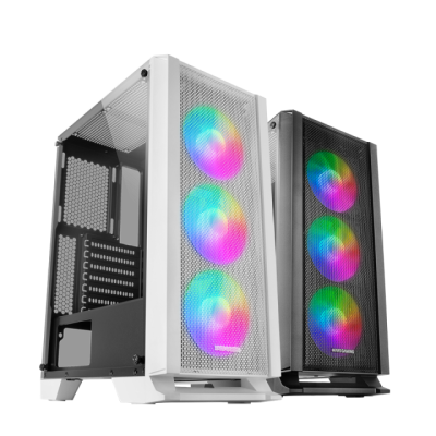 Dois gabinetes de computador com ventoinhas RGB na frente, um branco e um preto.