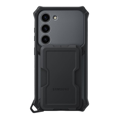 Telemóvel Samsung com capa preta e suporte integrado.