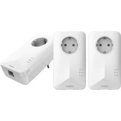 Três adaptadores de tomada brancos TP-Link com indicadores LED