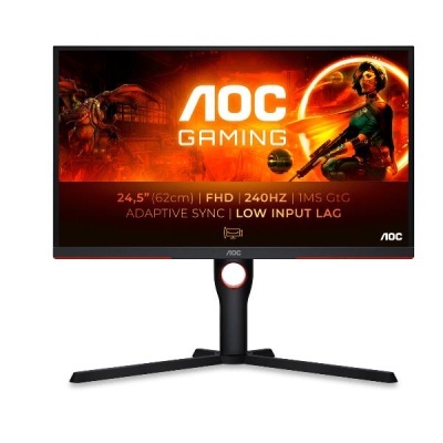 Monitor AOC gaming preto com ecrã de 24,5 polegadas e recursos técnicos visíveis