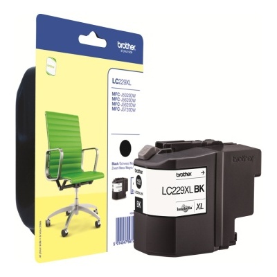 Cartucho de tinta Brother com embalagem azul e amarela e imagem de cadeira verde