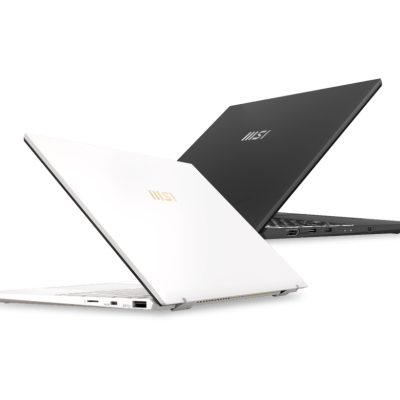 Dois computadores portáteis MSI, branco e preto, com logótipo na tampa.