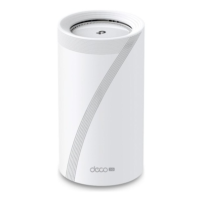 Roteador TP-Link Deco cilíndrico branco com detalhes cinza