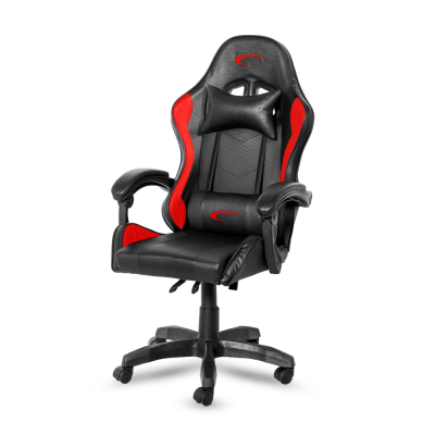 Cadeira de escritório preta e vermelha com apoio de braços e almofadas