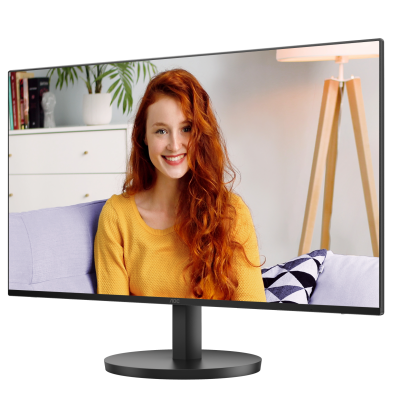 Monitor curvo preto com imagem de mulher ruiva em camisola amarelo mostarda no ecrã