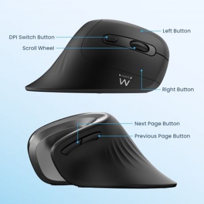 Rato ergonómico preto com vários botões e roda de scroll