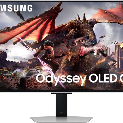 Monitor preto Samsung Odyssey OLED G8 com imagem de fantasia no ecrã