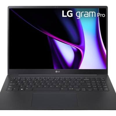 Computador portátil LG gram Pro preto com ecrã ligado e teclado QWERTY