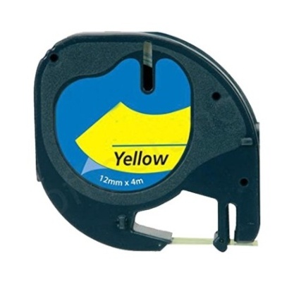 Fita de rotulagem preta com rótulo azul e amarelo