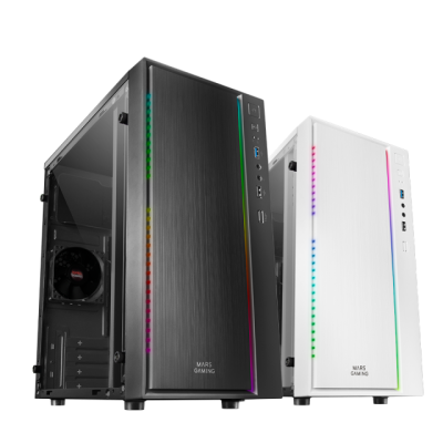 Dois computadores de secretária Mars Gaming preto e branco com iluminação LED RGB nas laterais, painéis frontais de alumínio escovado e portas USB no topo