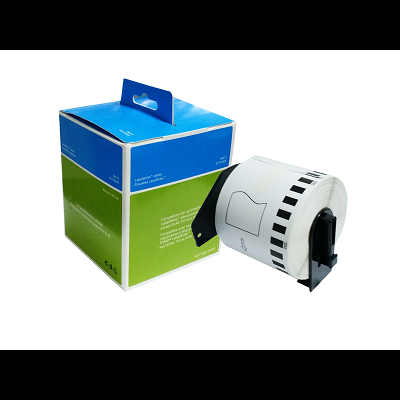 Rolo de etiquetas brancas com suporte e caixa azul e verde