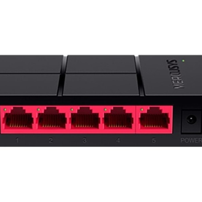 Switch de rede preto com cinco portas vermelhas numeradas e botão POWER