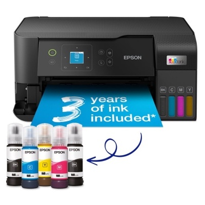 Impressora Epson a imprimir página azul com texto e garrafas de tinta