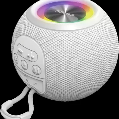 Coluna portátil esférica branca com luzes coloridas no topo e botões de controlo na lateral