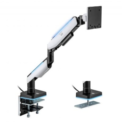 Suporte articulado para monitor em metal e plástico preto e branco com detalhes azuis