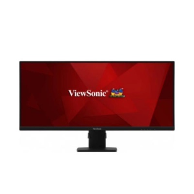 Monitor panorâmico ViewSonic com ecrã vermelho e suporte preto