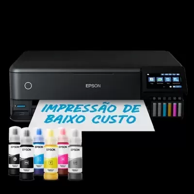 Impressora Epson preta com frascos de tinta e papel impresso com texto azul