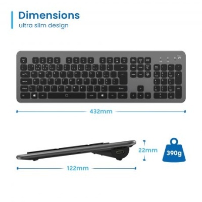 Teclado preto ultra fino com dimensões indicadas e peso de 390g.