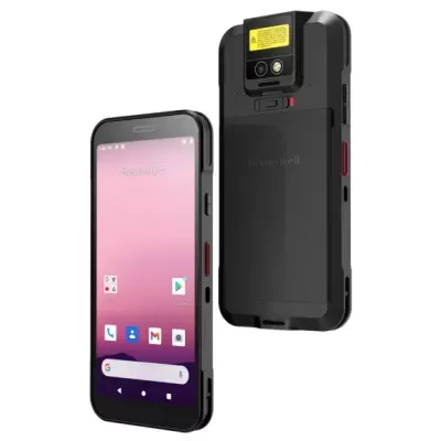 Telemóvel inteligente preto com ecrã frontal e traseira com câmara e etiqueta amarela