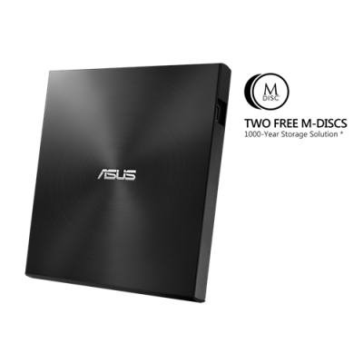 Leitor externo de DVD ASUS preto com padrão circular
