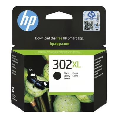 Embalagem de cartucho de tinta HP 302XL preto com design preto e verde e imagem de plantas