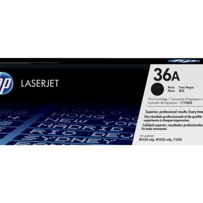 Cartucho de tinta HP LaserJet 36A preto na embalagem preta e branca