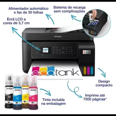 Impressora Epson EcoTank preta com tinta colorida e LCD