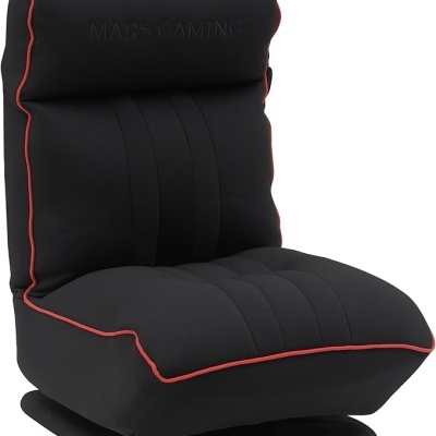 Cadeira gaming preta com detalhes em vermelho e base giratória