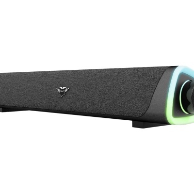 Coluna de som portátil retangular com grelha cinzenta e luzes coloridas