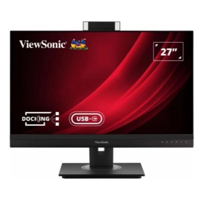 Monitor ViewSonic preto de 27 polegadas com texto DOCKING e USB-C no ecrã