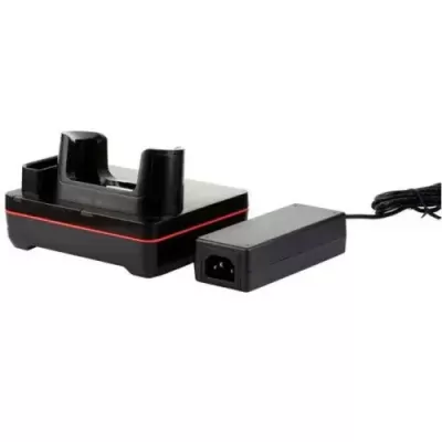 Carregador de bateria preto com faixa vermelha e adaptador de energia