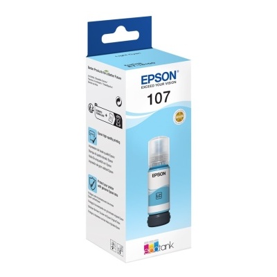 Cartucho de tinta Epson 107 em embalagem branca e azul com texto e imagem do produto