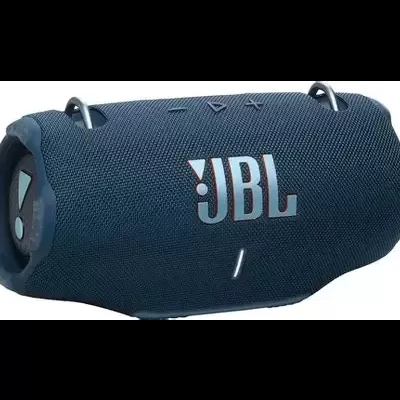 Coluna Bluetooth portátil JBL azul com tecido texturizado e logo branco