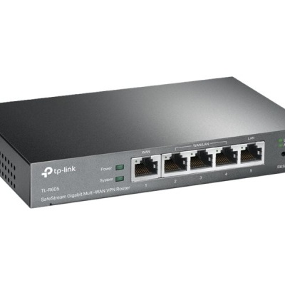 Roteador TP-Link preto com cinco portas Ethernet e LEDs indicadores