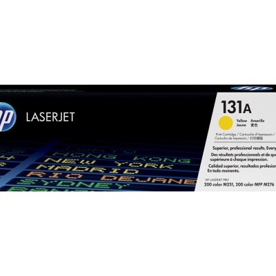 Caixa de toner HP LaserJet 131A amarelo CF212A com fundo preto e texto colorido.