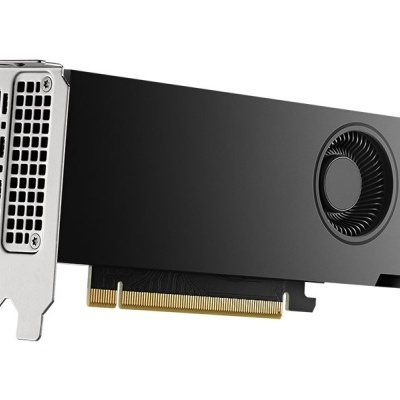 Placa gráfica preta com ventoinha e várias portas de saída