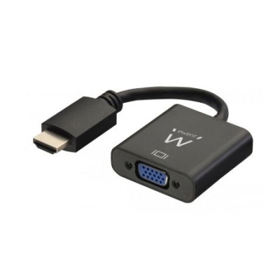Adaptador HDMI para VGA preto com conector e entrada VGA azul.