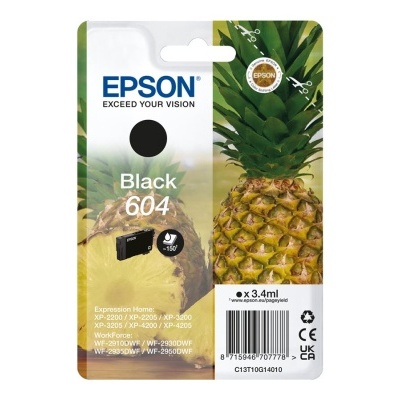 Cartucho de tinta Epson preto 604 com embalagem e imagem de ananás