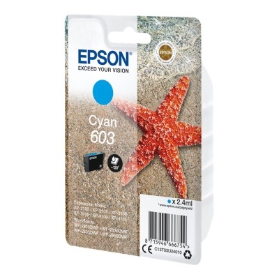 Embala genu de tinta Epson Cyan 603 com estrela do mar laranja em fundo de areia