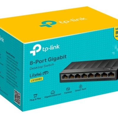 Caixa azul e amarela do switch de rede tp-link LS1008G com 8 portas Gigabit