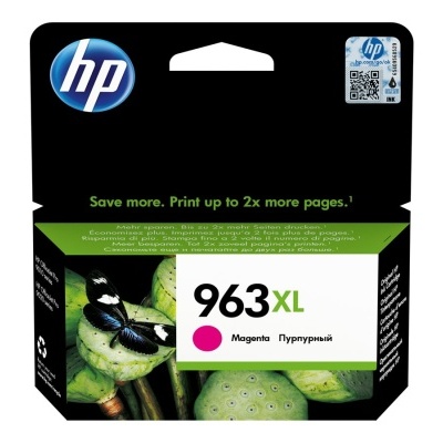 Cartucho de tinta HP 963XL magenta em embalagem preta e verde com borboleta