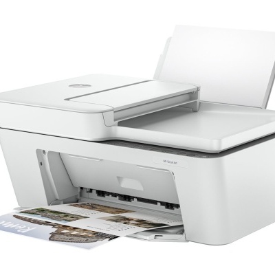 Impressora multifunções branca com scanner e página a cores a ser impressa