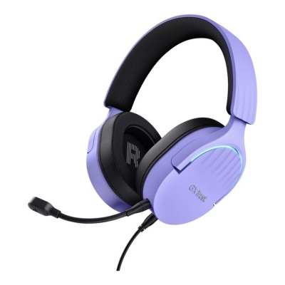 Headset roxo com microfone e almofadas pretas